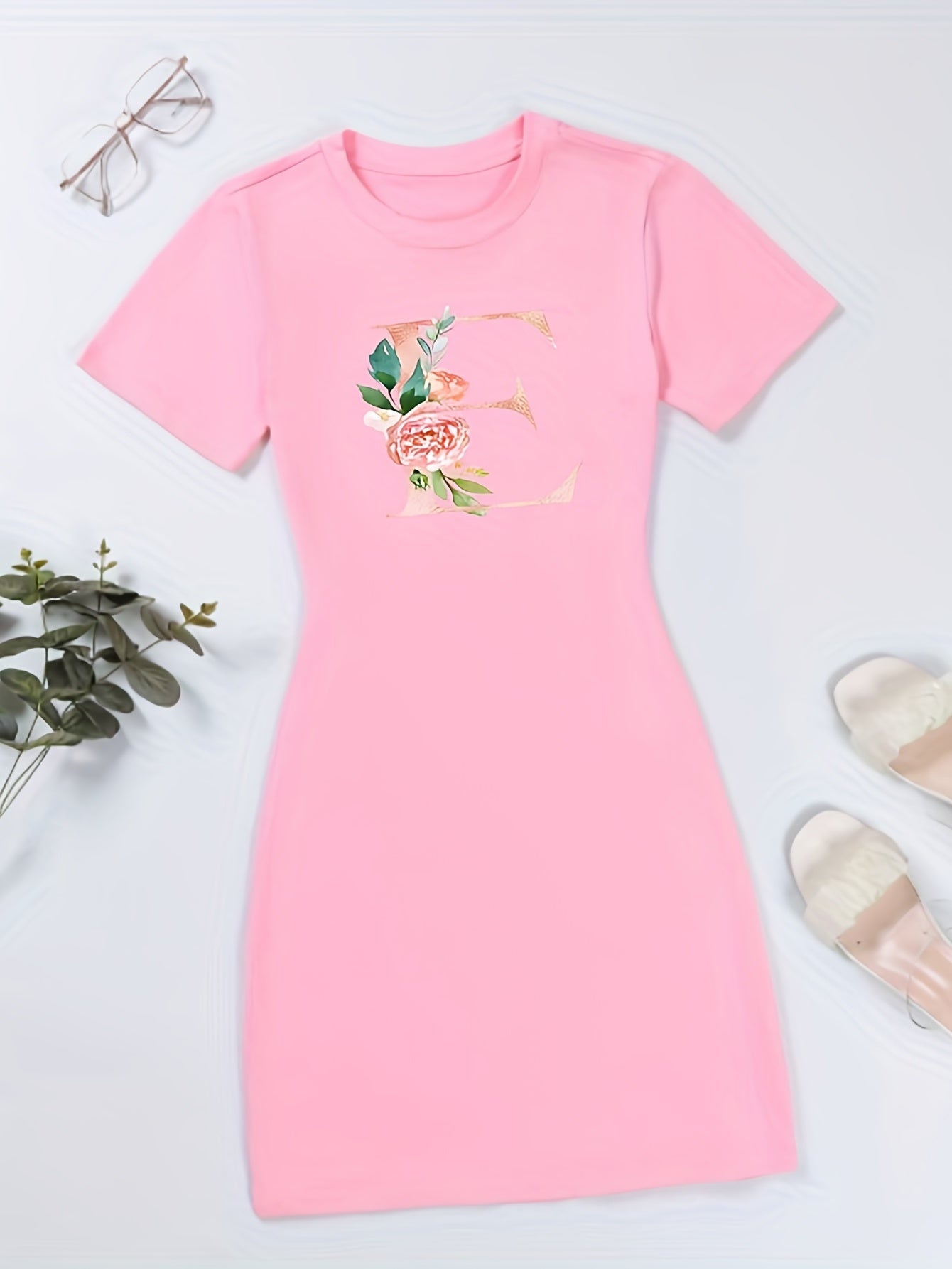 E Print Tee Dress Short Sleeve Crew Neck Casual Dress