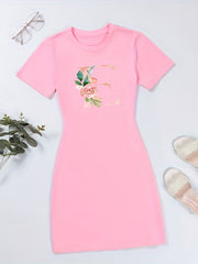 E Print Tee Dress Short Sleeve Crew Neck Casual Dress