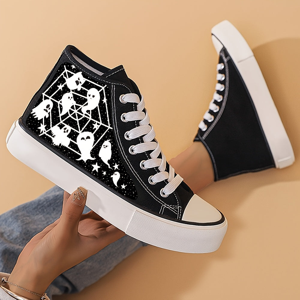 Halloween Ghost Spider Net Print Lightweight High Top Breathable Canvas Sneakers