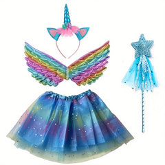 Girls' Rainbow Cartoon Headband Wings Star Wand 4pcs Skirt Set