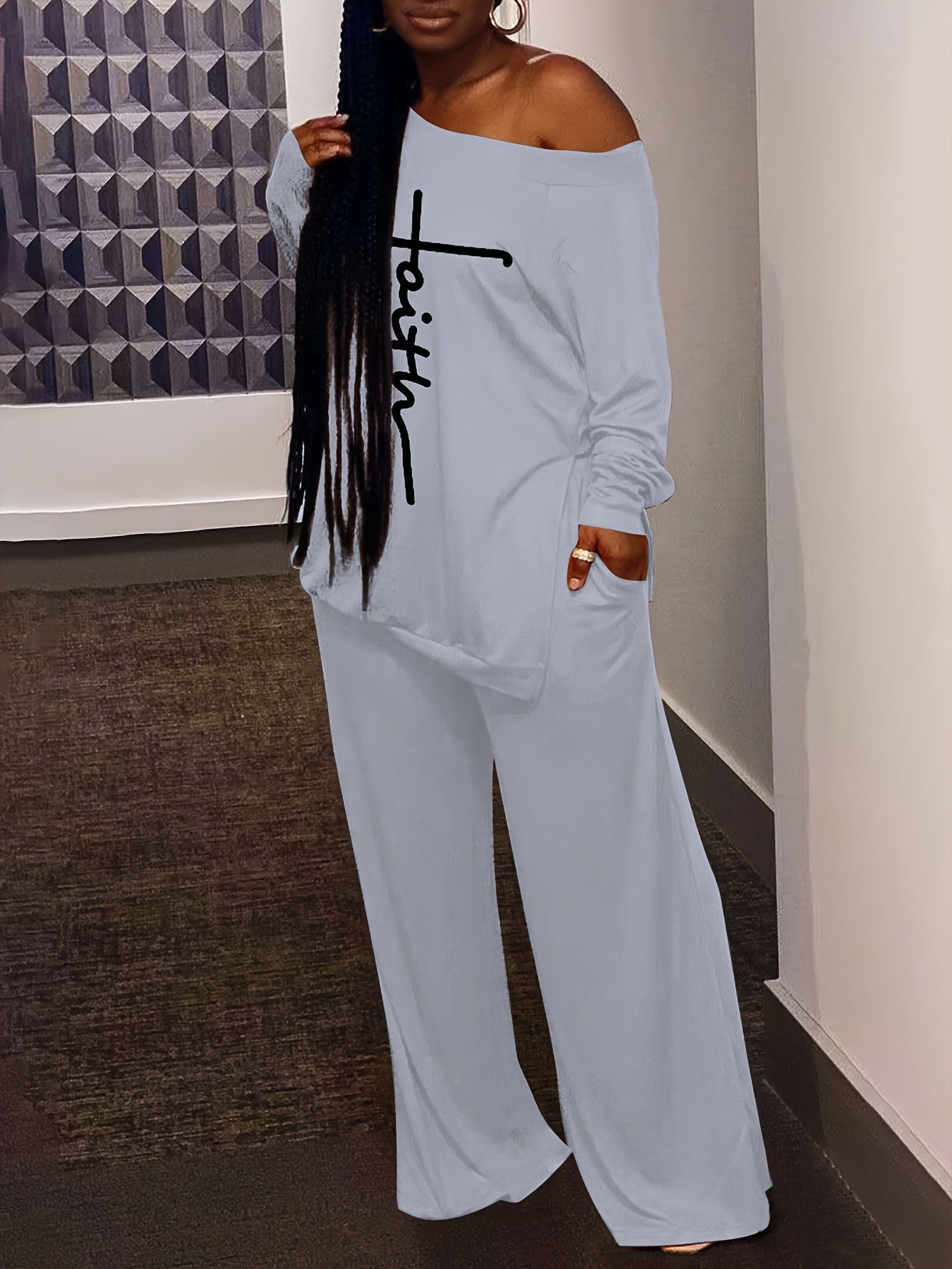 Letter Print Long Sleeve Top & Wide Leg Pants Set