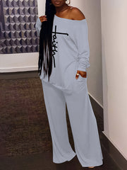 Letter Print Long Sleeve Top & Wide Leg Pants Set