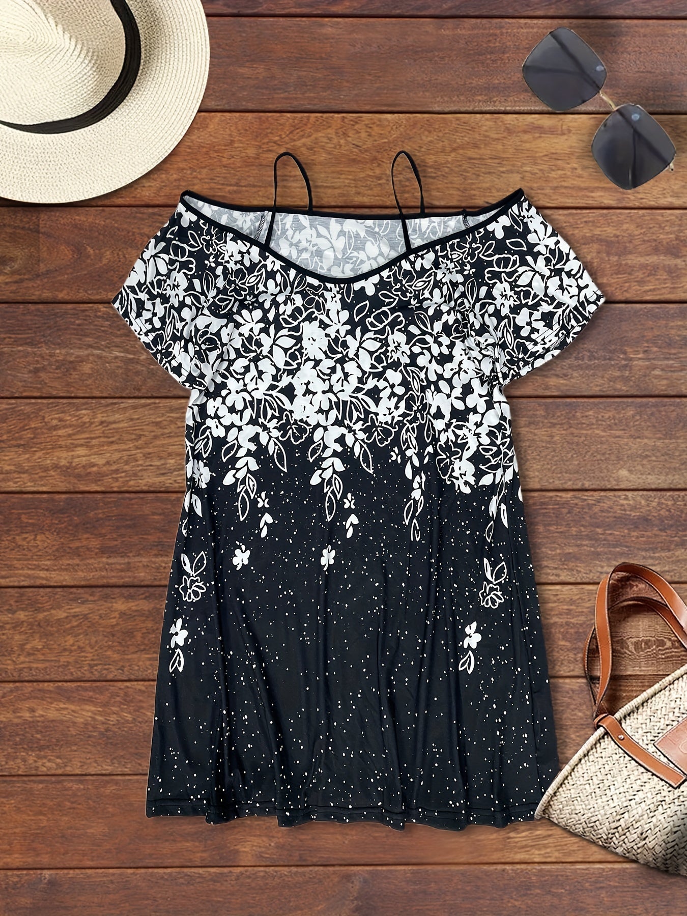 Floral Print Cold Shoulder V Neck Stretch Dress