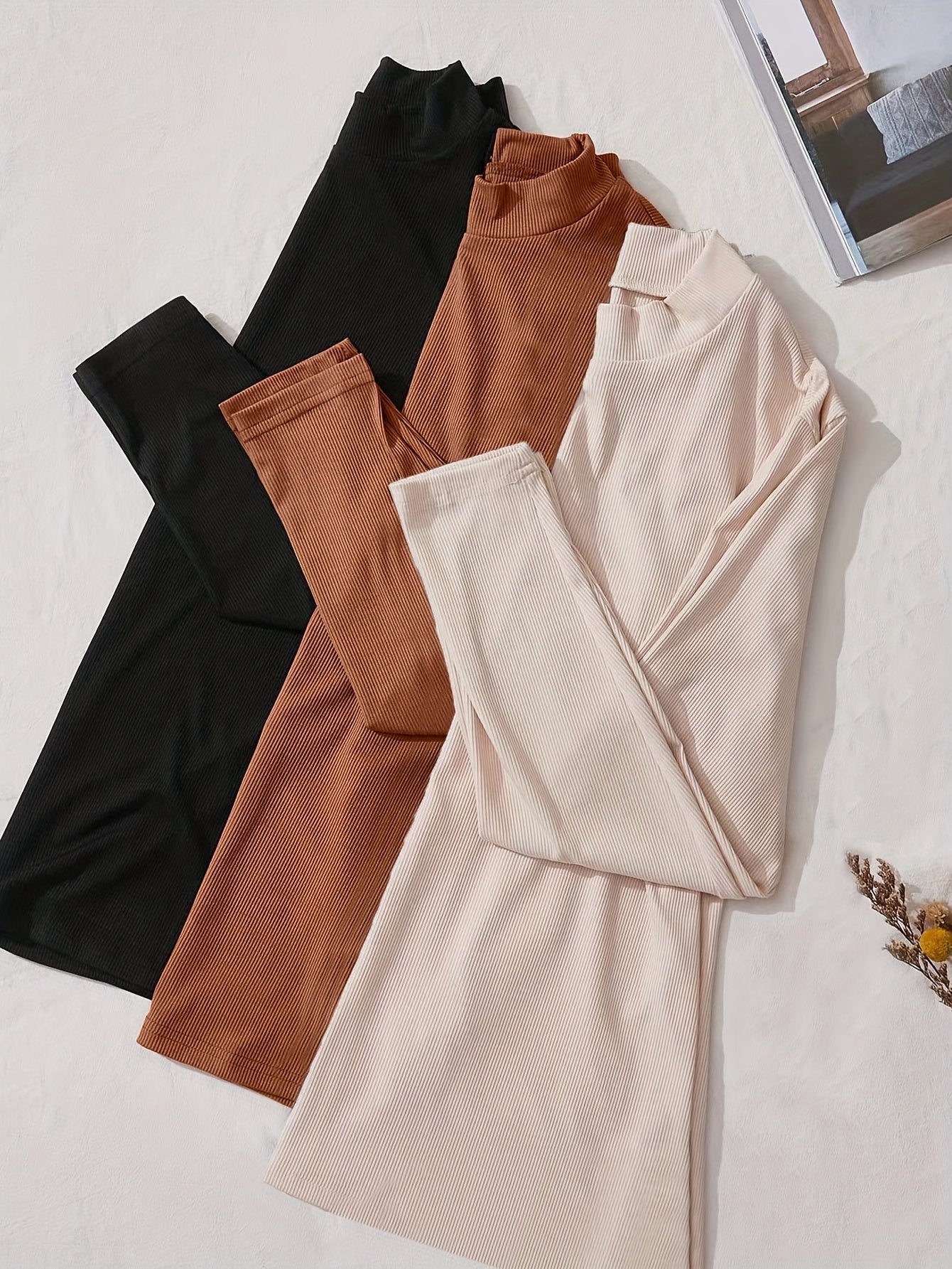 3 Pack Plus Size Ribbed Knit Long Sleeve Mock Neck Top Set