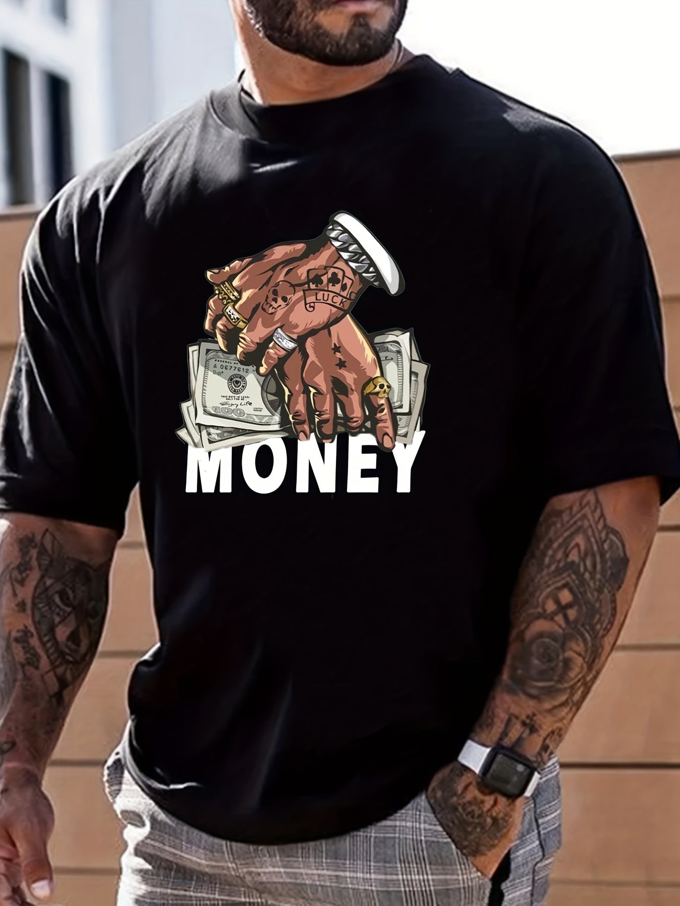 Cartoon Money & Hands Graphic Crew Neck T-shirt for Men