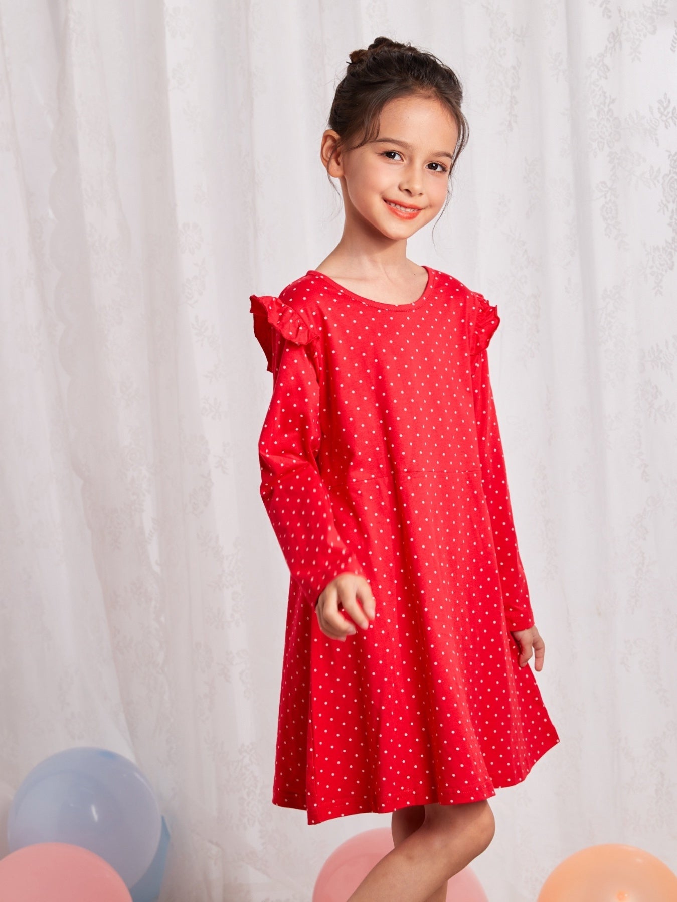 Polka Dots Girls Ruffle Long Sleeve Dress 3-8 Years