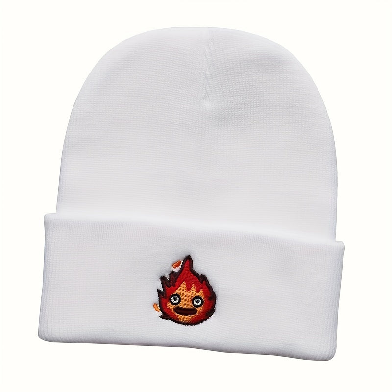 Anime Flame Embroidery Beanie Cartoon Unisex Knit Hat Elastic Casual Skull Cap