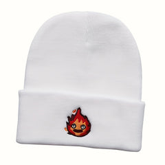 Anime Flame Embroidery Beanie Cartoon Unisex Knit Hat Elastic Casual Skull Cap