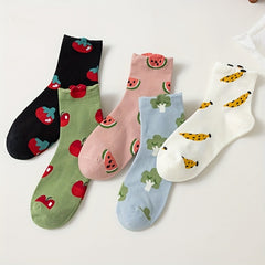 5 Pairs Fruit & Vegetable Print Socks Comfy Crew Socks Women's Stockings Hosiery