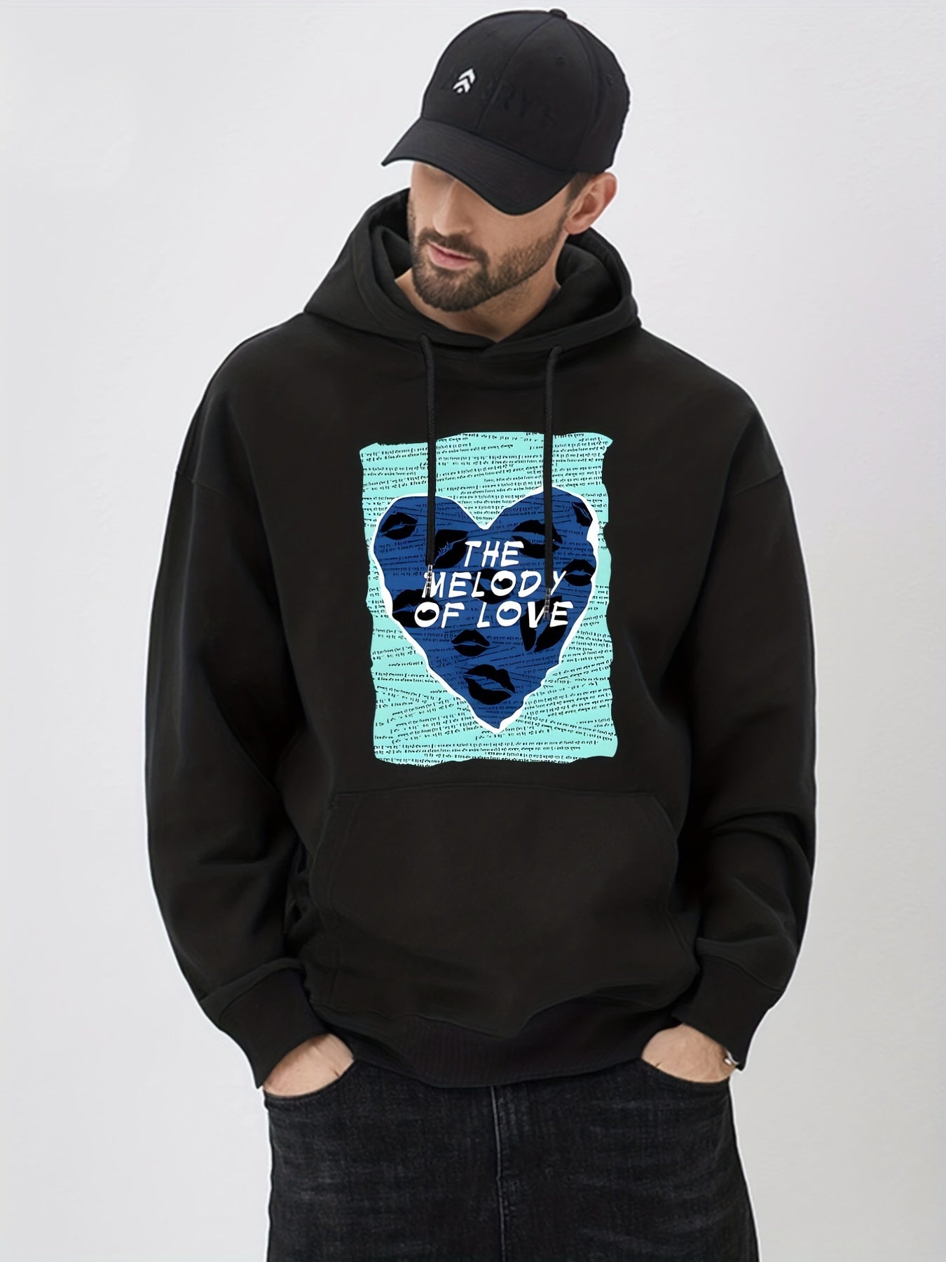 Love & Heart Print Hoodie Men's Casual Pullover