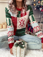 Christmas Pattern Knit Sweater Casual Crew Neck Long Sleeve Sweater
