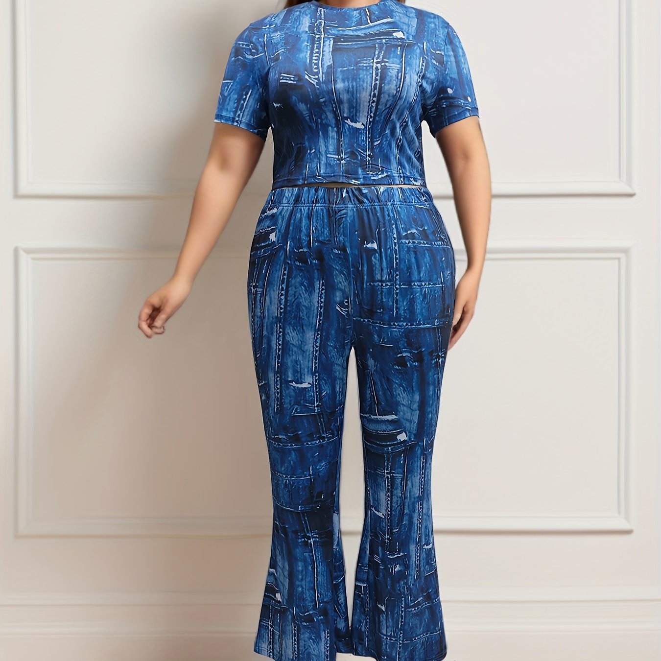 Denim Print Top & Flared Leg Pants 2 Piece Set