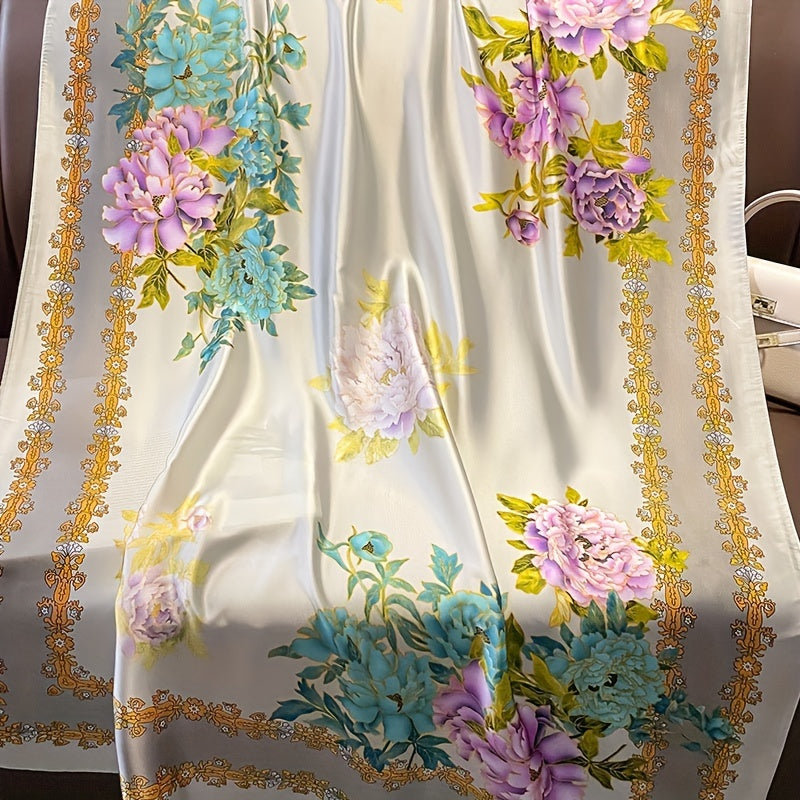 Peony Print Large Satin Scarf Classic Silk Shawl
