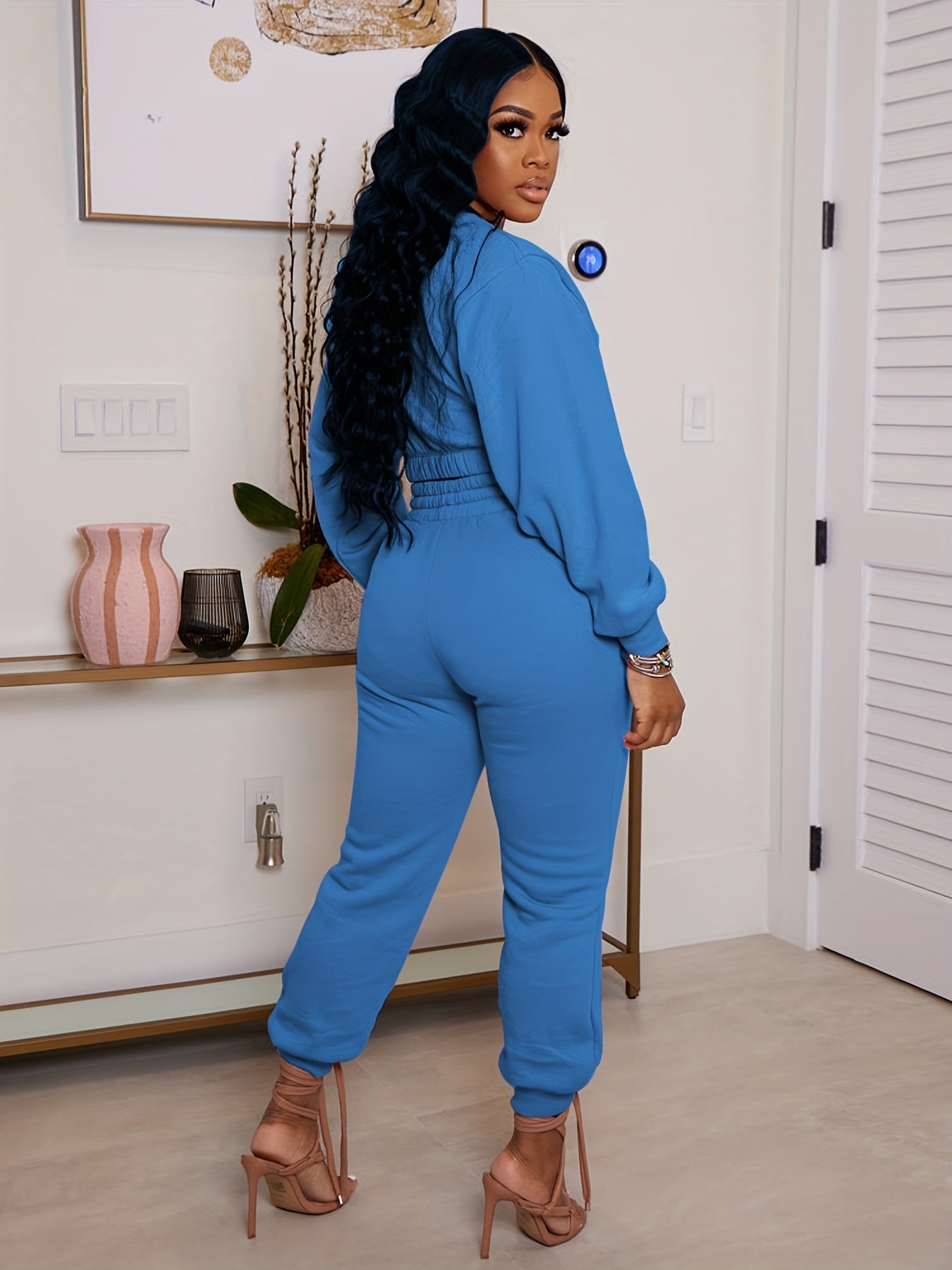Women's Plus Solid Long Sleeve Crop Top & Joggers Set