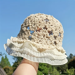 Ruffles Lace Bucket Hat Crochet Breathable Beach Sun Hats For Women