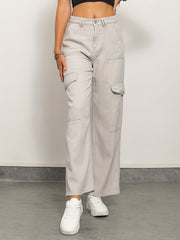 Apricot High Waist Straight Jeans Loose Fit Flap Pockets Cargo Pants