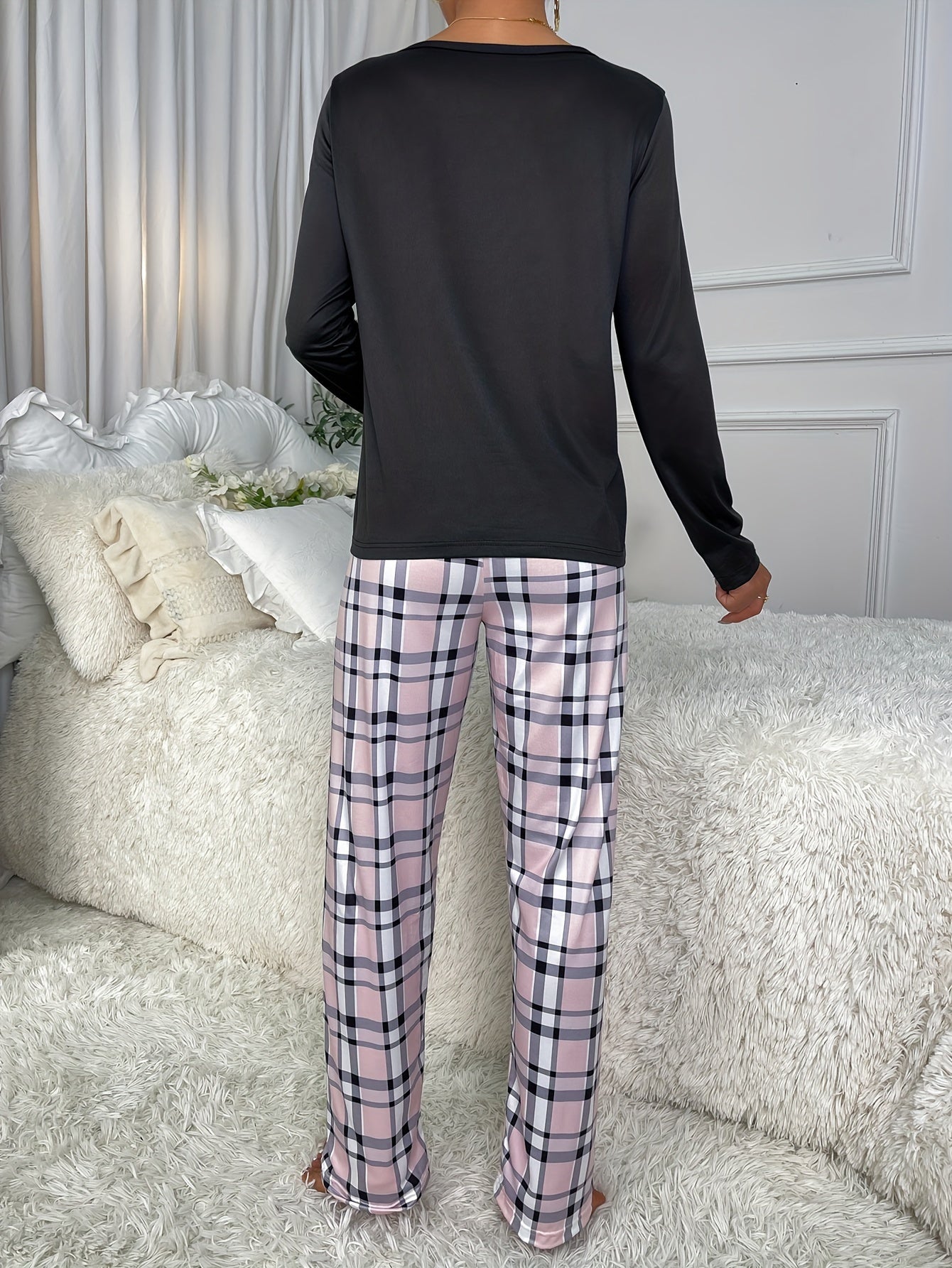 Letter Print Pajama Set Long Sleeve Crew Neck Top & Plaid Pants