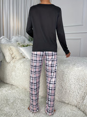 Letter Print Pajama Set Long Sleeve Crew Neck Top & Plaid Pants