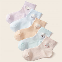 5 Pairs Girls Soft Lace Mesh Lamb Socks Breathable Cotton Crew Children's Socks