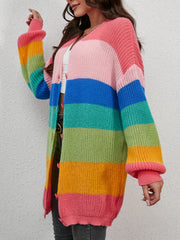 Rainbow Striped Knit Cardigan V-Neck Button Front Sweater