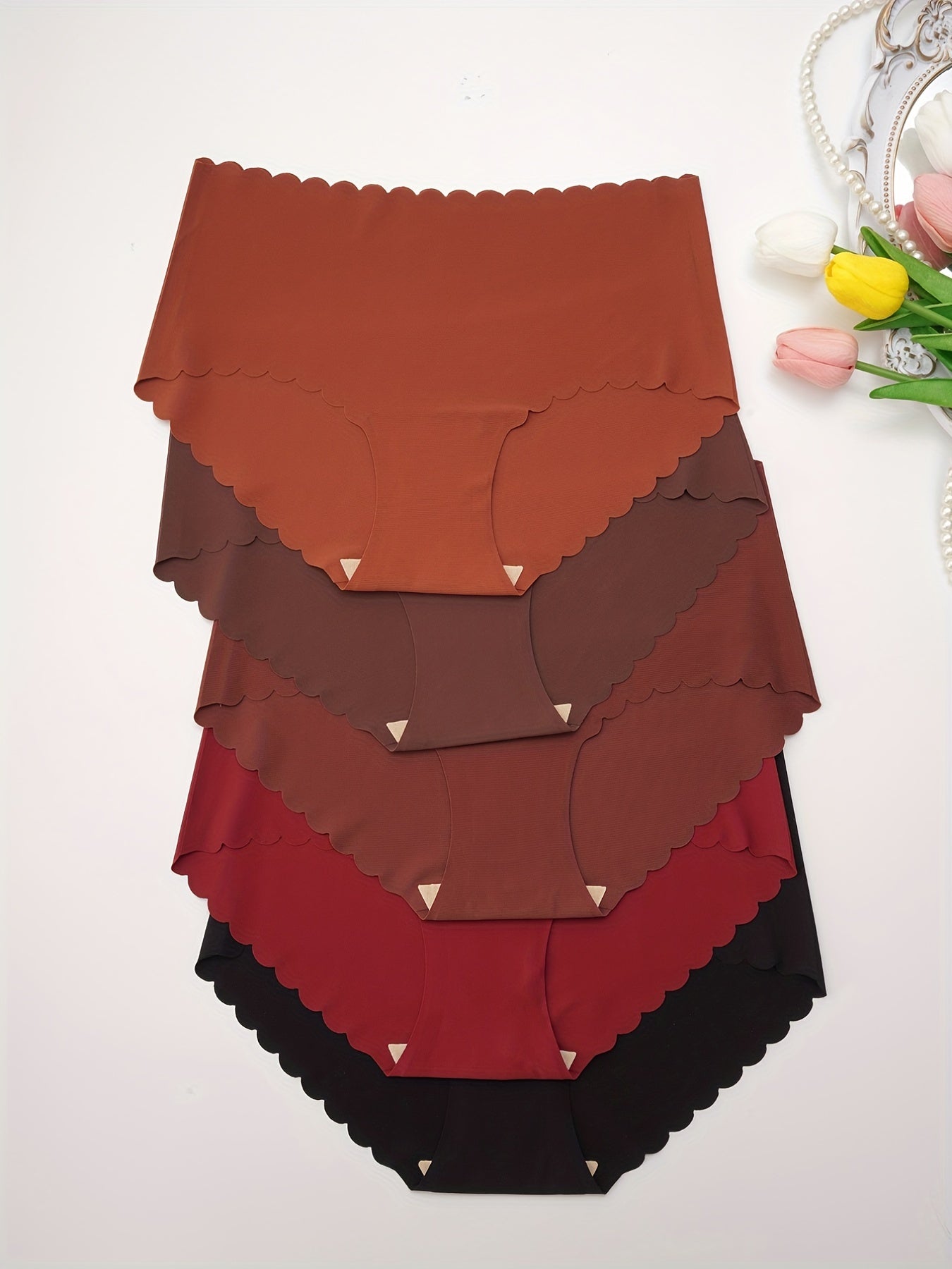 5pcs Seamless Solid Briefs Scallop Trim Intimates Panties Women's Lingerie