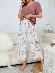 Floral Print Lounge Set V Neck Short Sleeve Top & Bow Pants