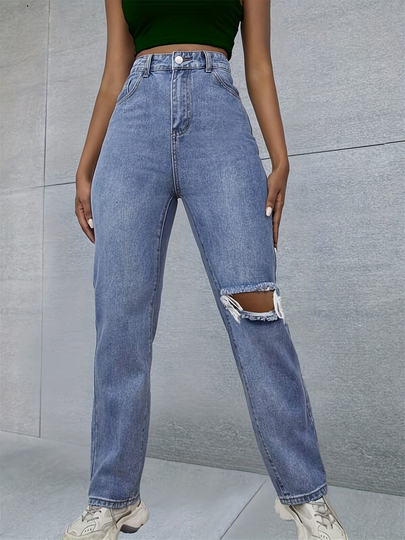 Neon Green Star Print Patch Pocket Straight Leg Jeans Ripped High Rise Washed