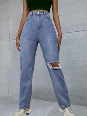 Neon Green Star Print Patch Pocket Straight Leg Jeans Ripped High Rise Washed