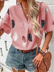 Feather Print Short Sleeve Blouse