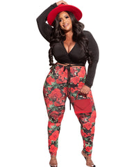 Plus Size Deep V Neck Knot Front Crop Top & Floral Print Leggings Set