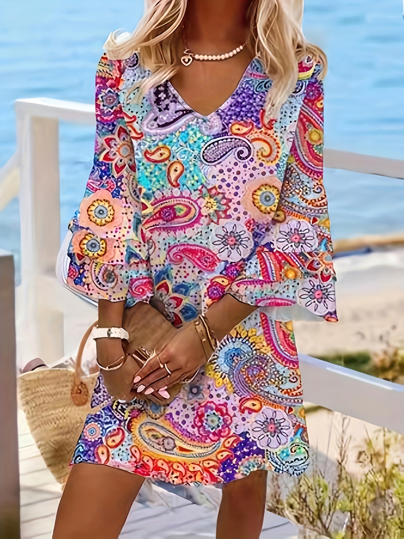 Paisley Print Layered Dress V Neck Flared Sleeve Dress