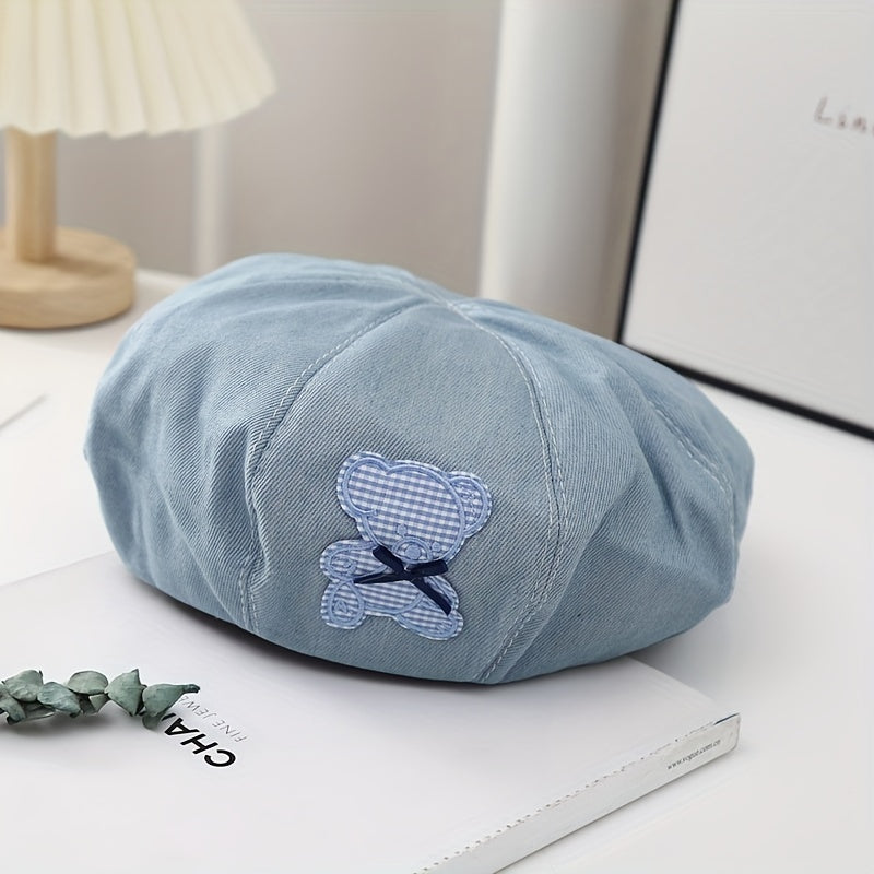 Vintage Denim Painter Cap with Cartoon Bear Patch Beret