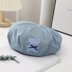 Vintage Denim Painter Cap with Cartoon Bear Patch Beret