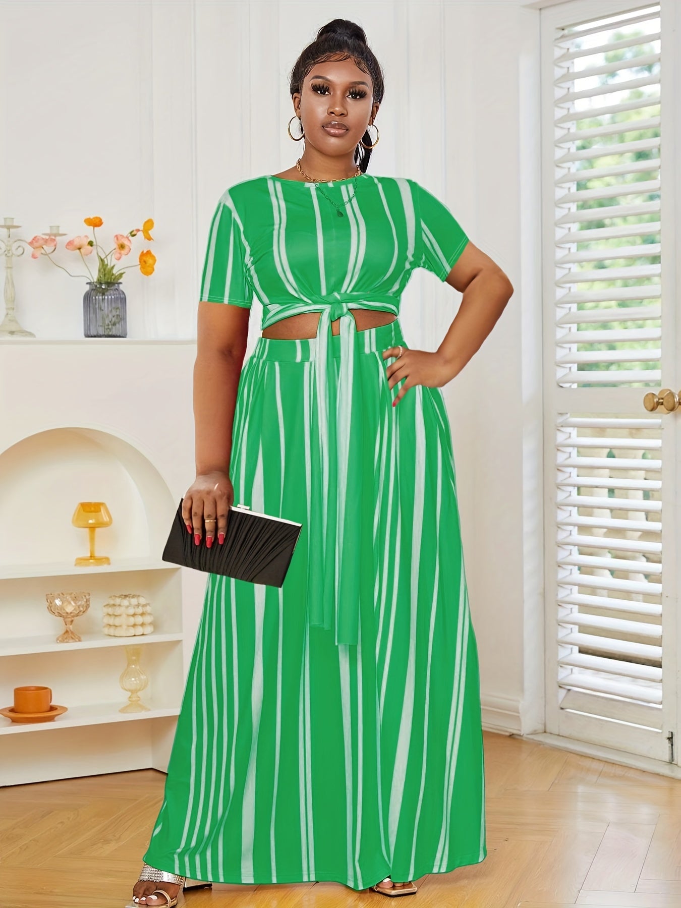 Stripe Print Short Sleeve Crop Top & Maxi Skirt Set