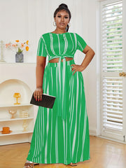Stripe Print Short Sleeve Crop Top & Maxi Skirt Set