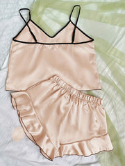Satin Pajama Set V Neck Cami Top & Ruffle Shorts