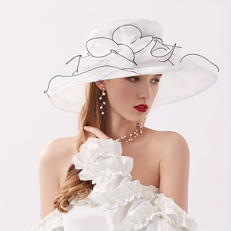 Wide Brim Sun Hat Organza Bridal Wedding Hat 3D Flower Church Hat