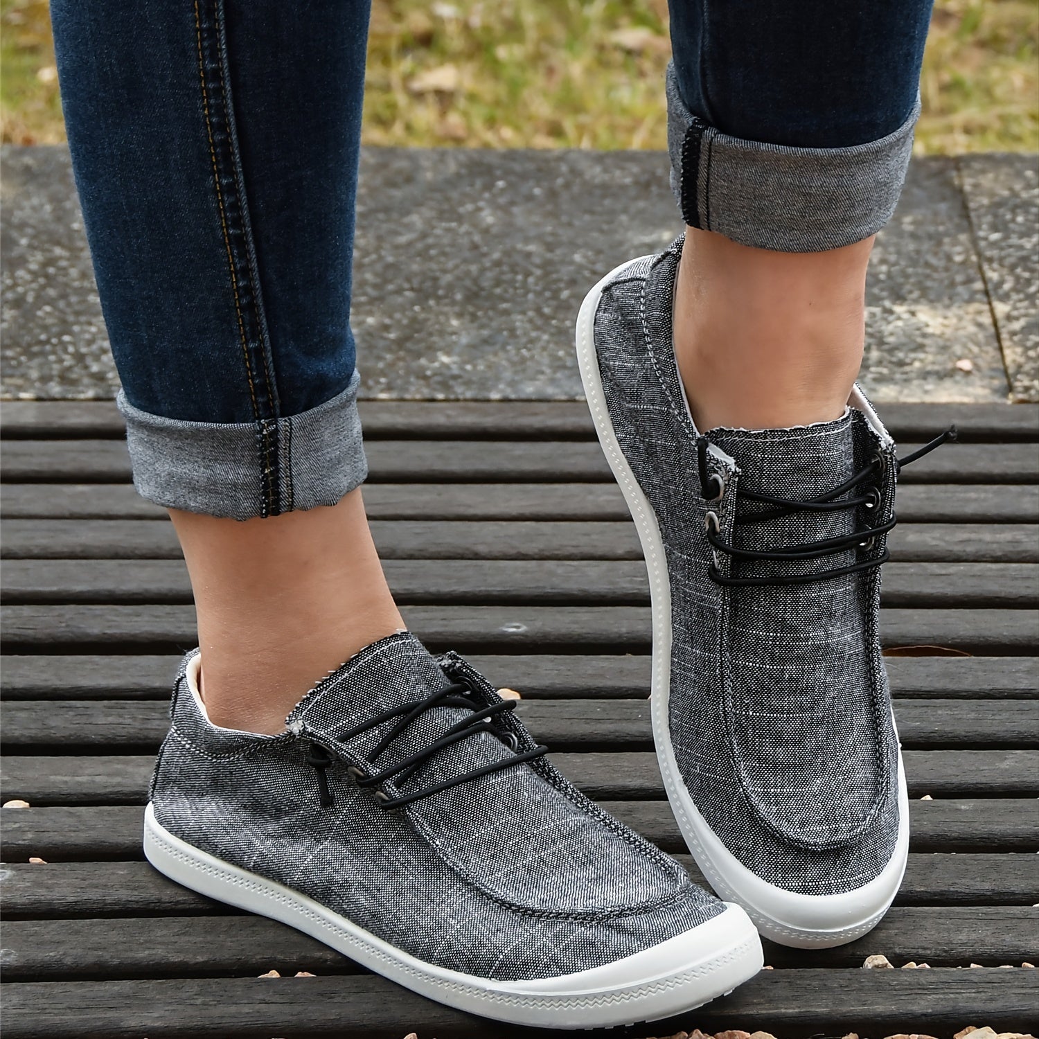 Women's Deep Grey Flat Lace Up Walking Shoes Comfortable Slip On Canvas Sneakers