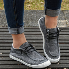 Women's Deep Grey Flat Lace Up Walking Shoes Comfortable Slip On Canvas Sneakers
