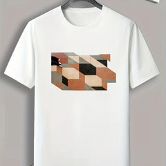Cube Print Men's Comfy T Shirt Active Stretch Breathable Tee