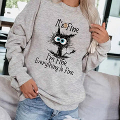Crazy Cat Print Pullover Sweatshirt for Fall & Winter