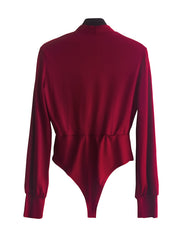 Plunging Surplice Neck Solid Bodysuit Long Sleeve Women's Clothing