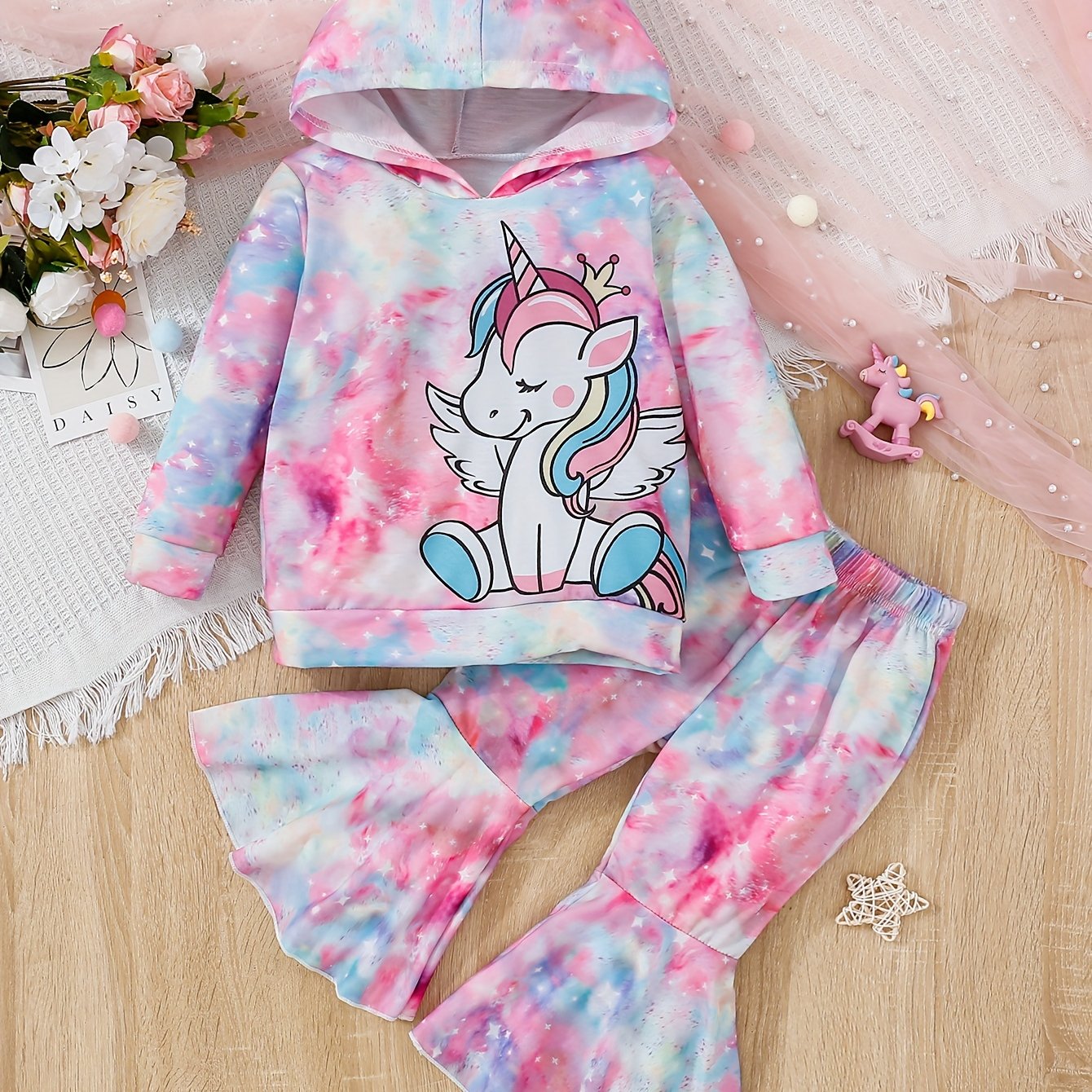 Toddler Girl's Unicorn Hoodie & Flared Pants Set for Spring Fall