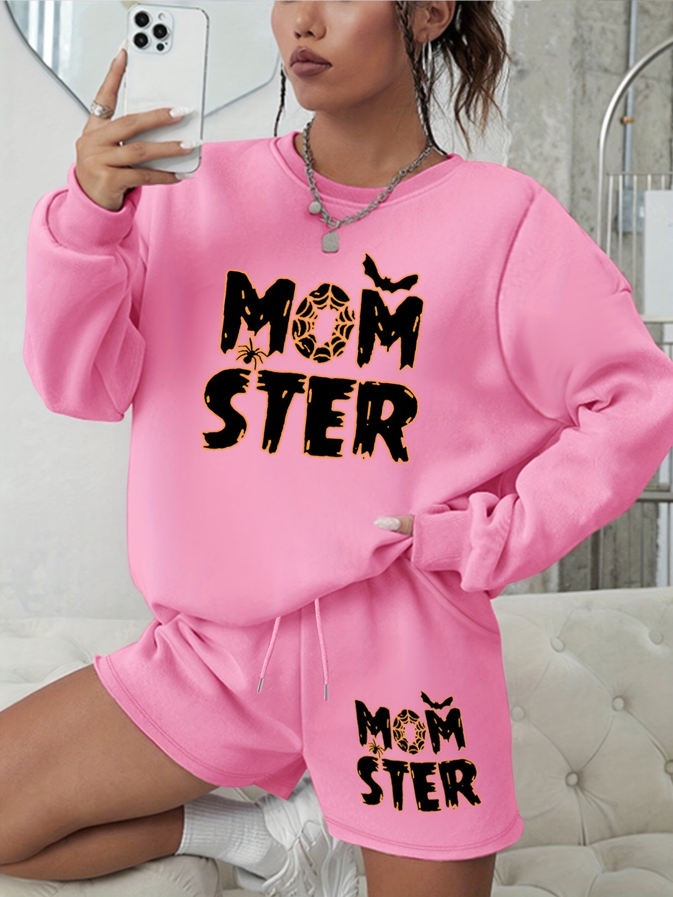 Halloween 2pcs Set Graphic Sweatshirt & Shorts Outfit