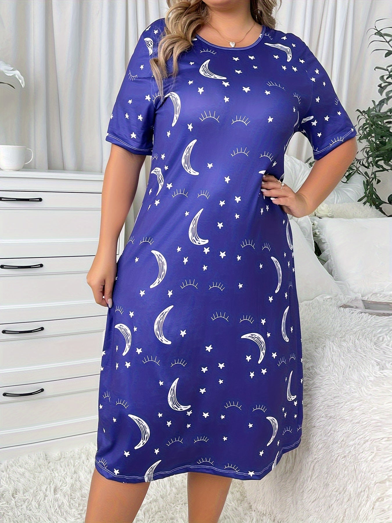 Eyelash & Moon Print Short Sleeve Tee Sleep Dress