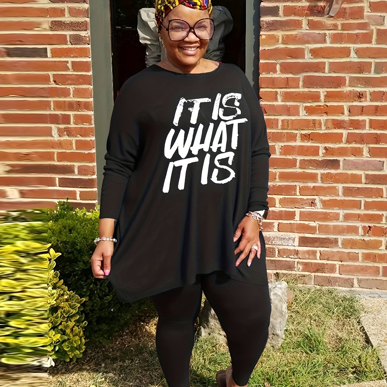Women's Plus Letter Print Top & Leggings 2pc Set