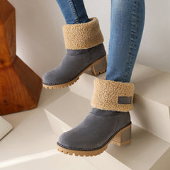 Women's Plush Lined Ankle Boots Thermal Round Toe Chunky Heeled Boots