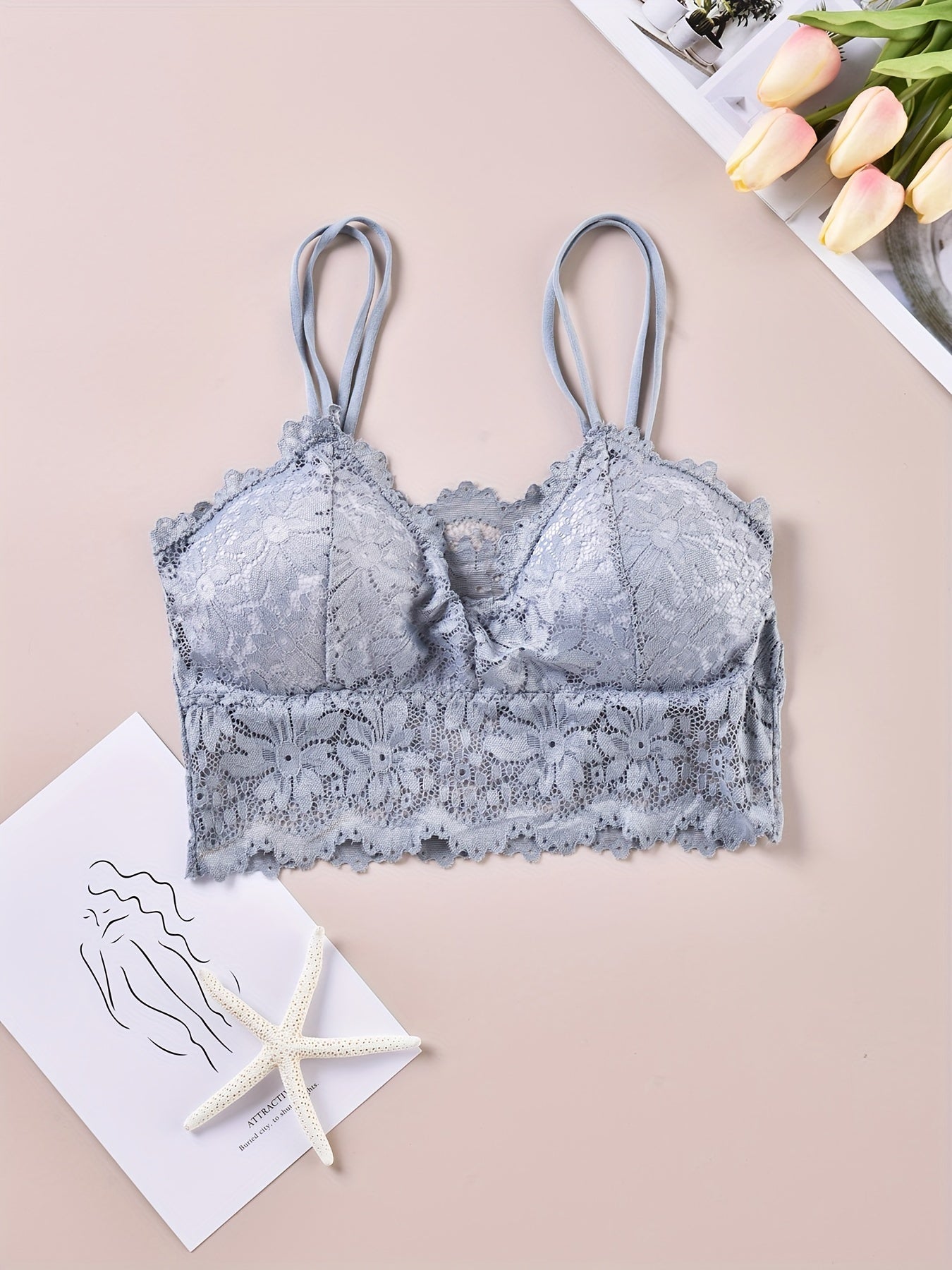 3pcs Lace Wireless Bras Scallop Trim Lingerie