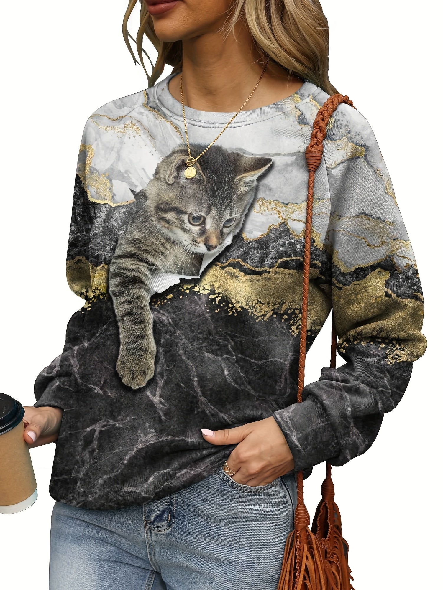 Cat Print Pullover Sweatshirt Crew Neck Casual Long Sleeve for Fall & Winter