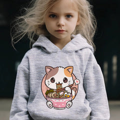 Cartoon Cat & Ramen Print Hoodie & Pants Set - Girl's Sporty Clothes